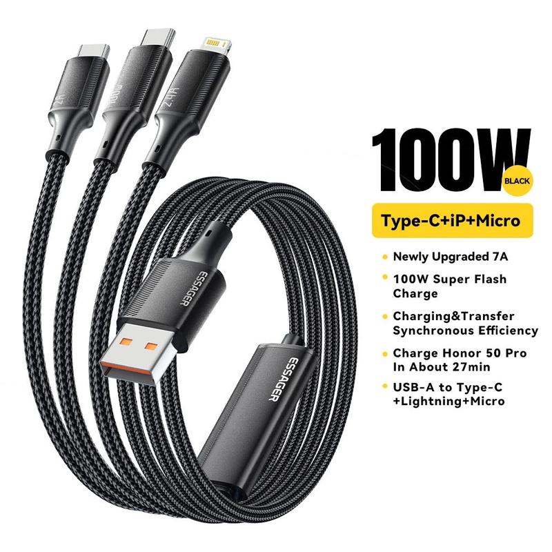 Essager 3-in-1 charging cable showing aluminium alloy construction and multiple ports