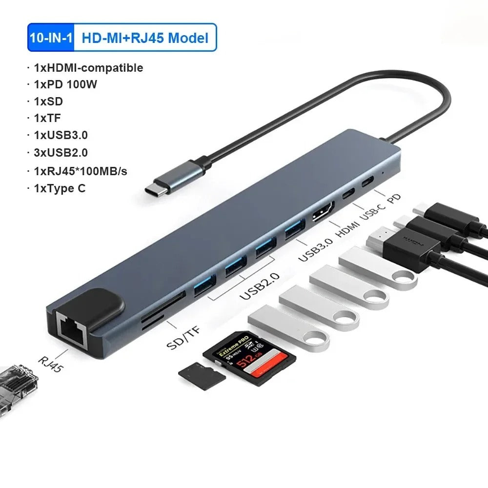 USB-C to HDTV 10-in-1 Multifunction Adapter multi-port Docking Station