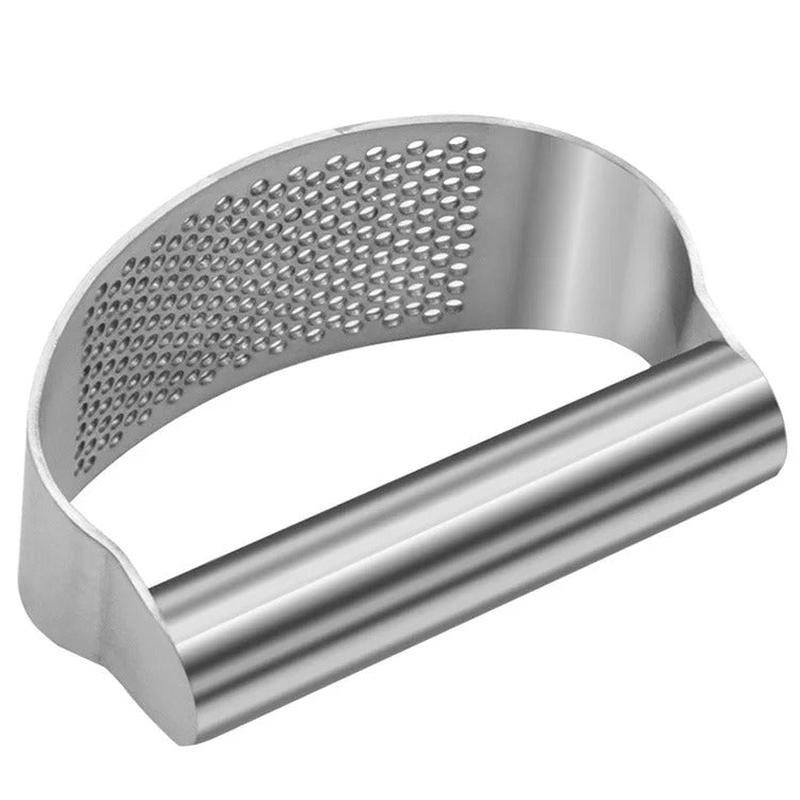 Stainless steel curved garlic press with ergonomic design