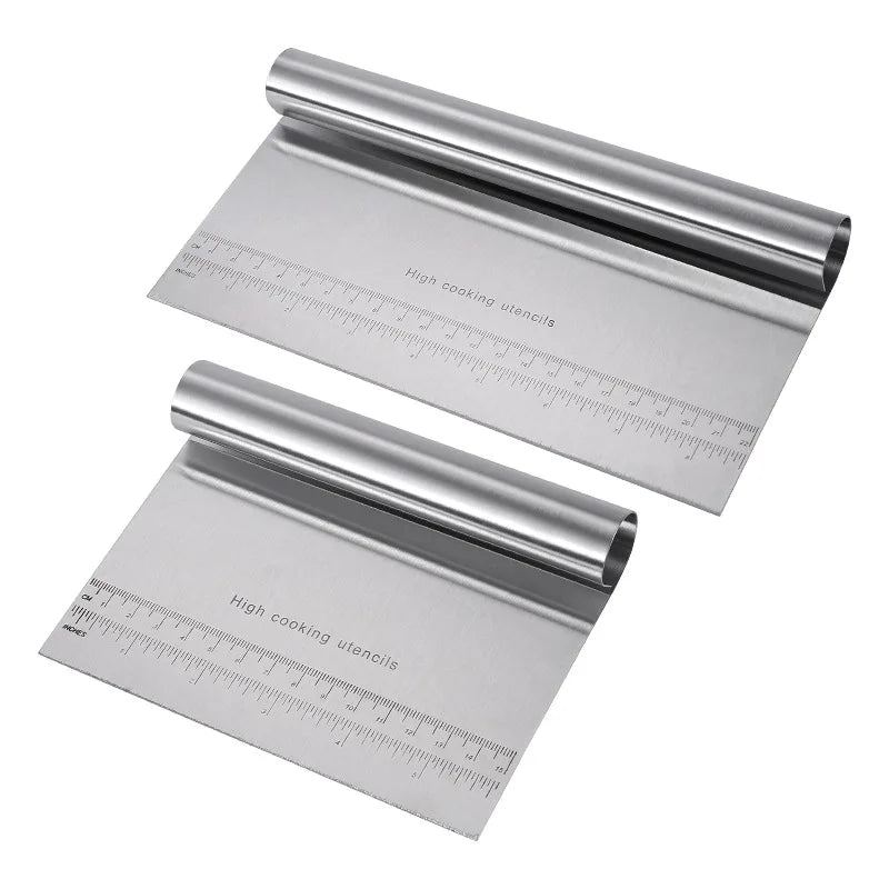Stainless steel dough scraper with measurement markings and comfortable grip handle