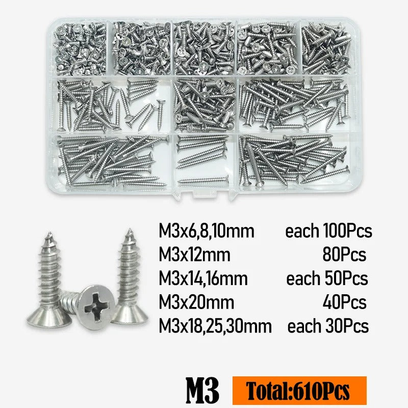 Stainless steel tapping screws M2 M3 M4 assorted sizes in organised case