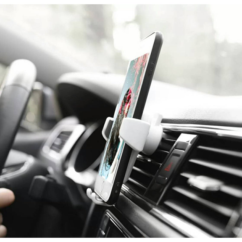 Phone holder showing gravity-activated side grips