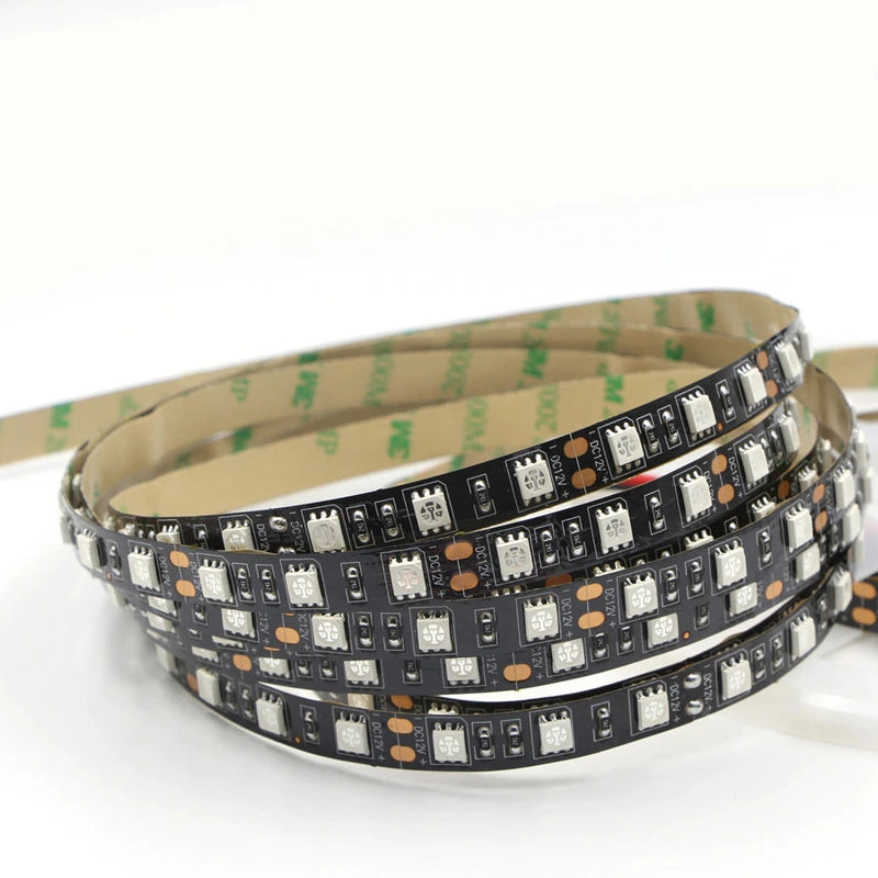 Close-up of 5050 UV LED strip showing chip density and black PCB