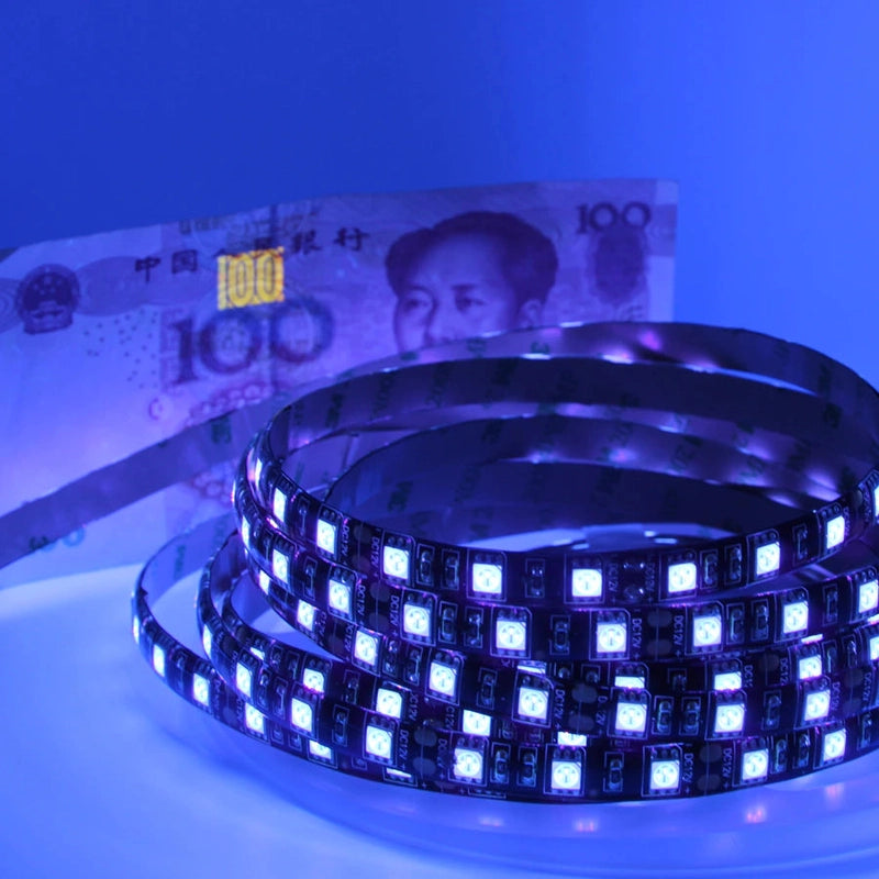 UV LED strip 395-405nm showing purple blacklight glow on 5 metre roll