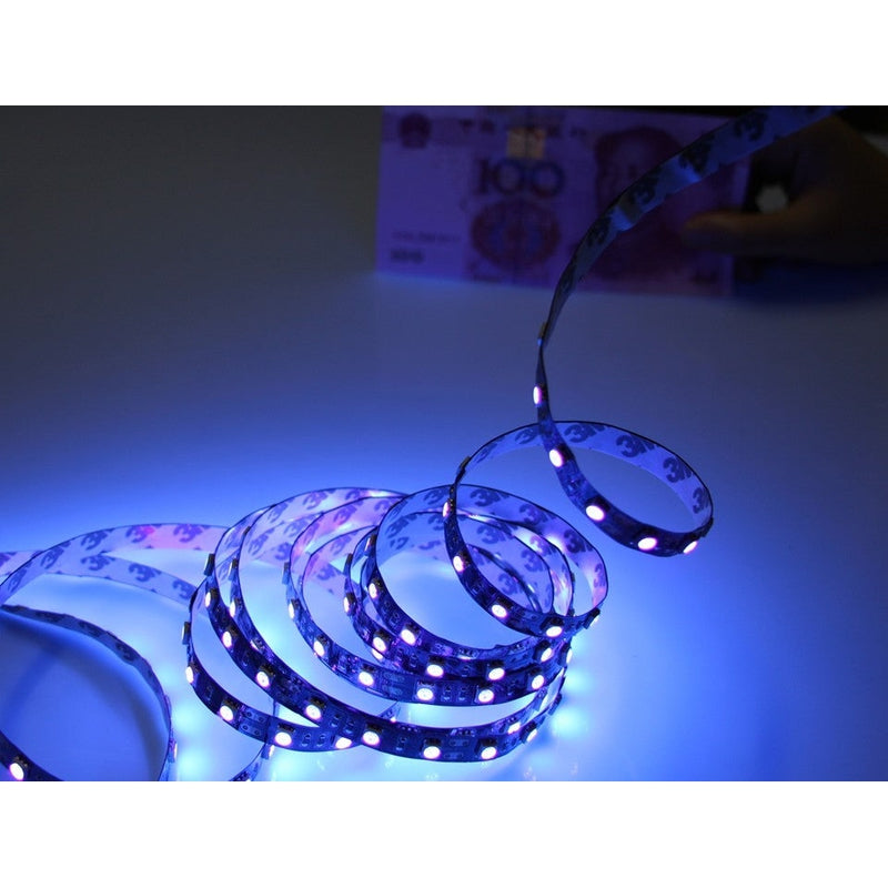 Flexible UV blacklight LED strip demonstrating bend radius