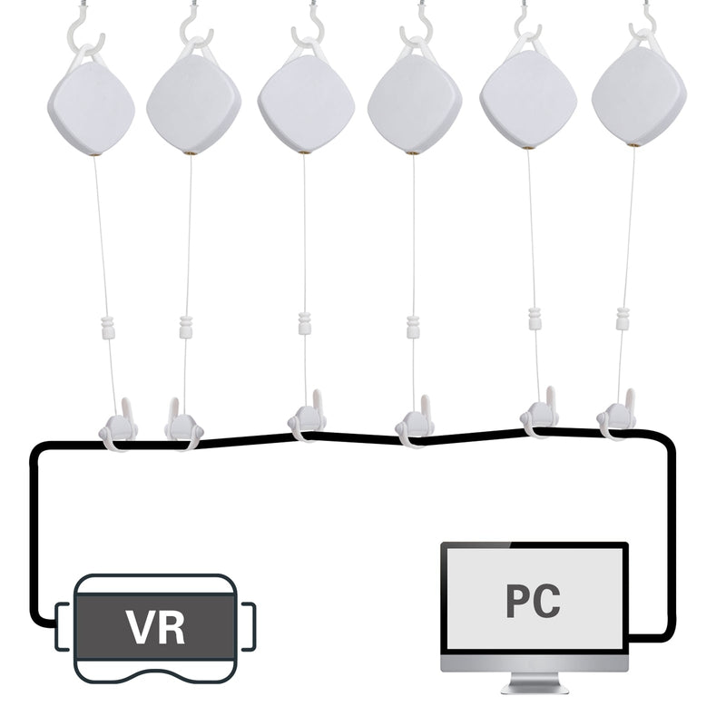 VR cable management system package contents with pulleys and mounting hardware