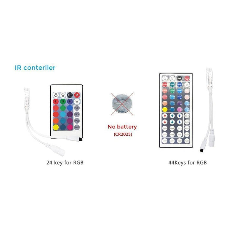 RGB LED strip kit components including controller and power adapter