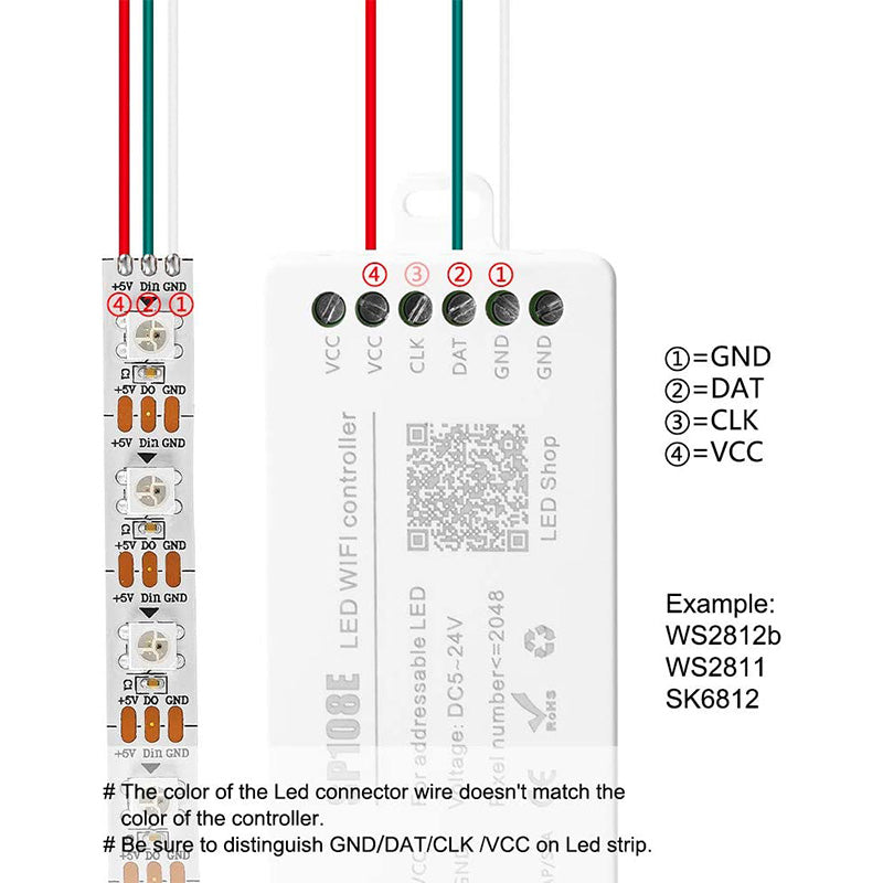 SP108E LED controller showing WiFi connectivity and control options