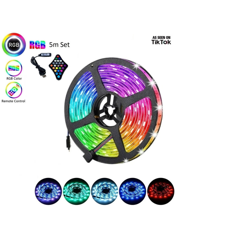 5m USB RGB LED strip with remote control showing colour options