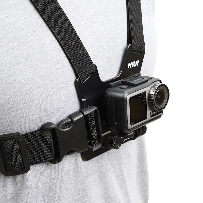 Adjustable chest mount strap for hands-free action camera filming