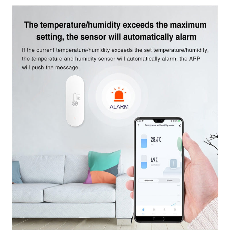 Smart temperature sensor showing dimensions and specifications