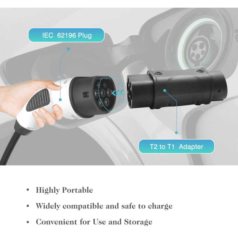 Type 2 to Type 1 EV adapter showing connectors
