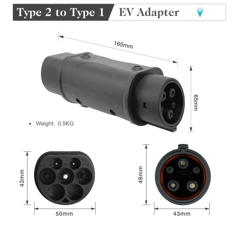 32A EV charging adapter Type 2 to Type 1 detail