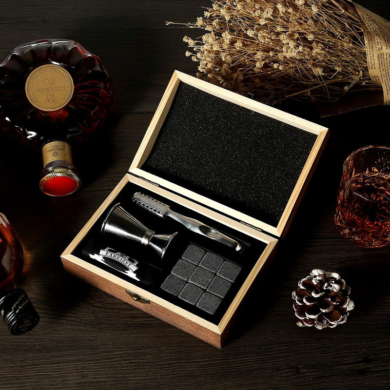 Whiskey Stones Gift Set with 9 granite chilling stones in wooden box
