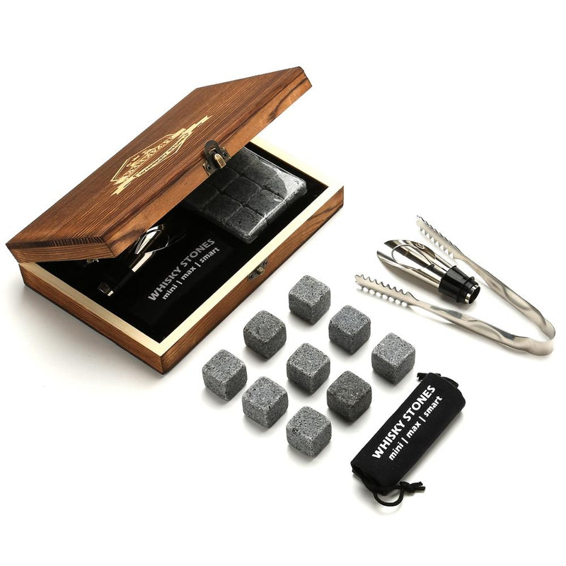 Whiskey Stones Gift Set with 9 granite chilling stones in wooden box