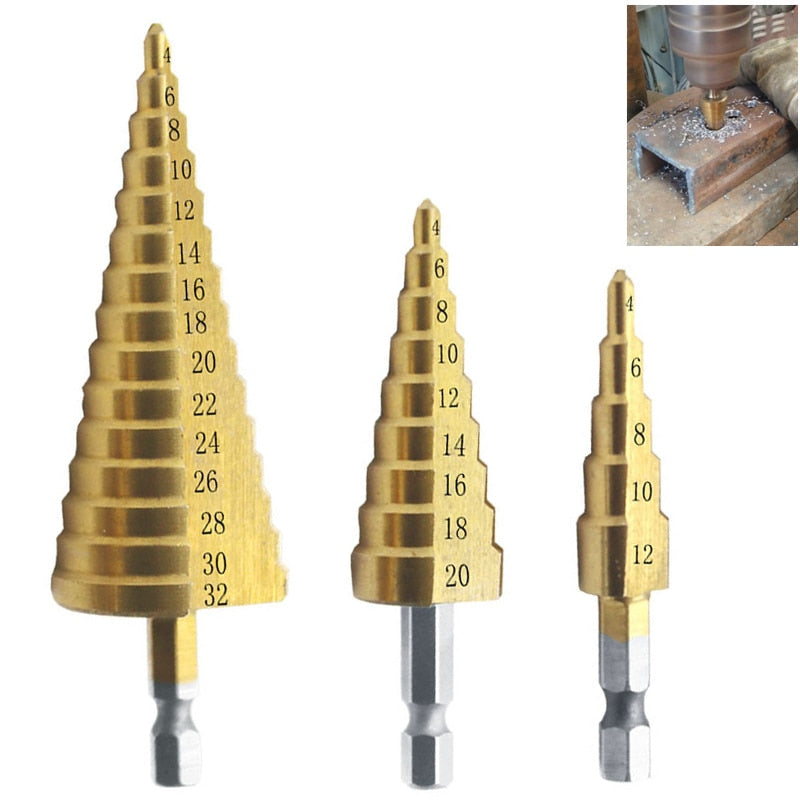 3pc HSS titanium coated step drill bit set 4-12 4-20 4-32mm with hex shank