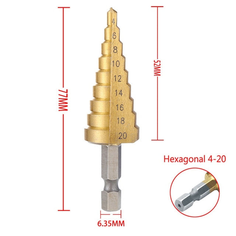 HSS titanium step drill bits showing multiple size increments