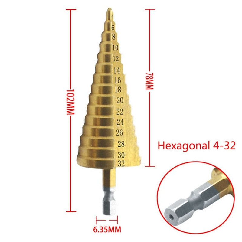 Titanium coated step drill bit set for metal and wood drilling