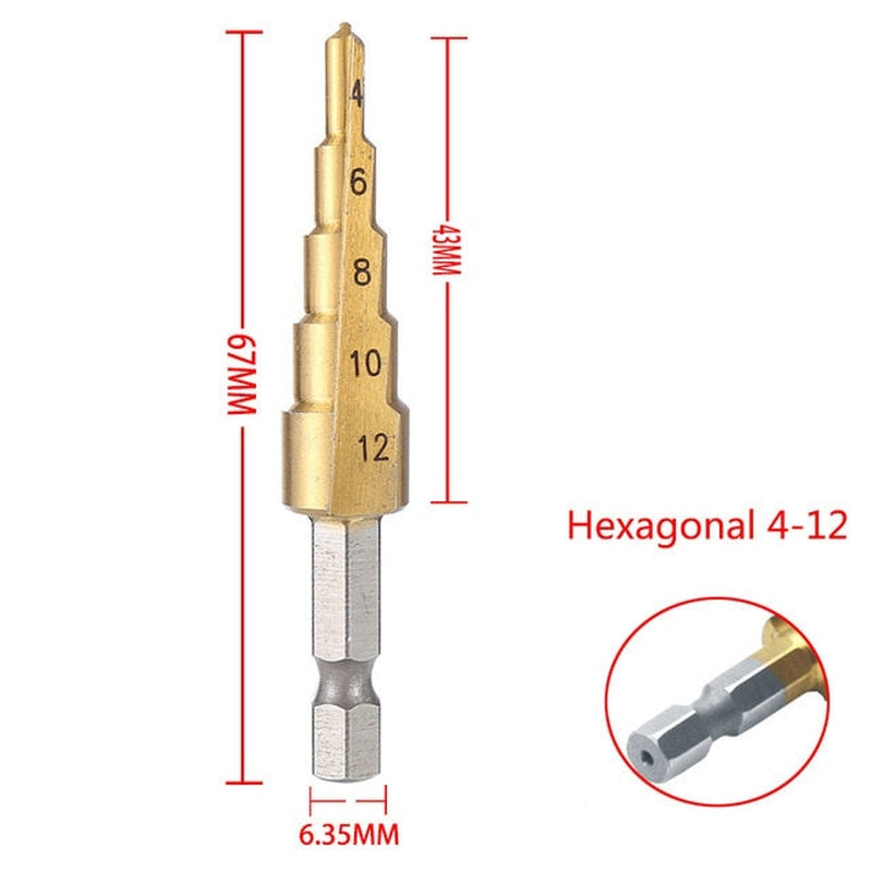 Professional step drill bit set with 6.35mm hex shank