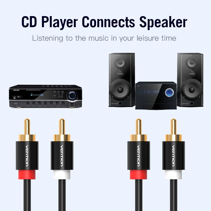 Vention black RCA to RCA stereo cable connecting a CD player to speakers
