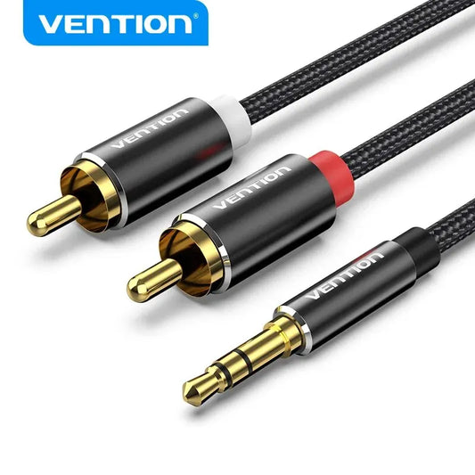 Black braided 3.5mm to dual RCA cable for phone or laptop to DJ mixer