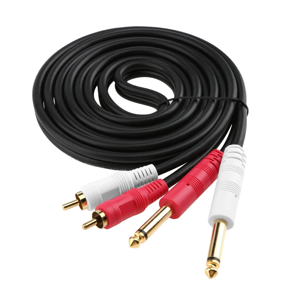 Black dual RCA to dual 6.35mm mono jack cable, 2m