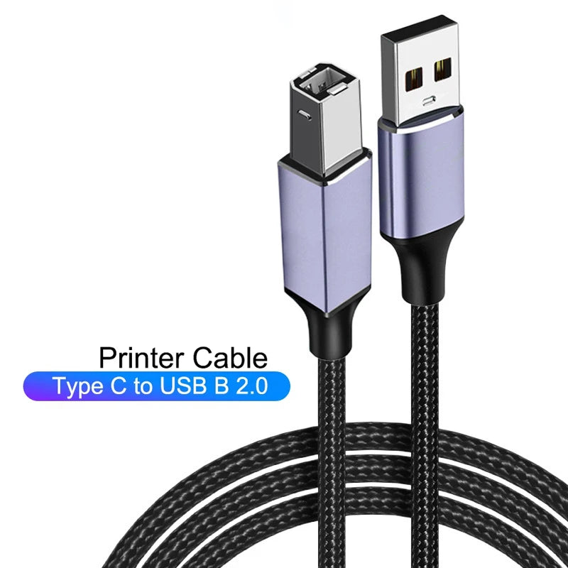 USB-B cable for DJ controller and MIDI keyboard, black braided 2m