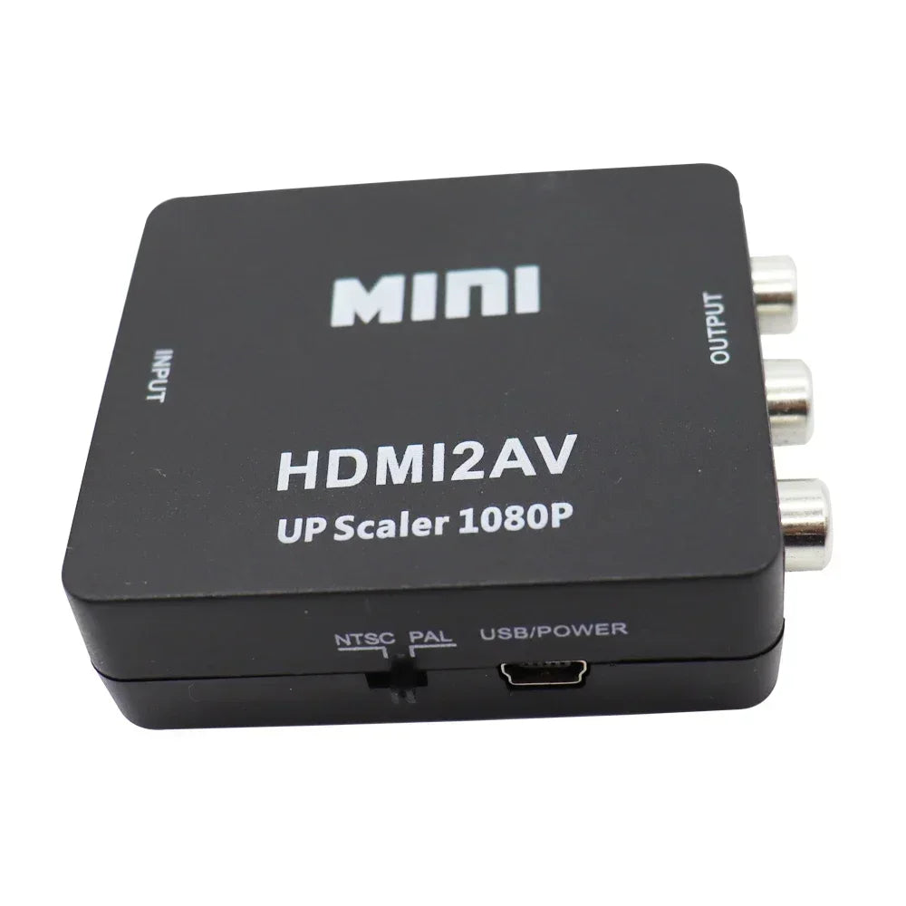 HDMI to AV converter showing HDMI input and PAL/NTSC switch