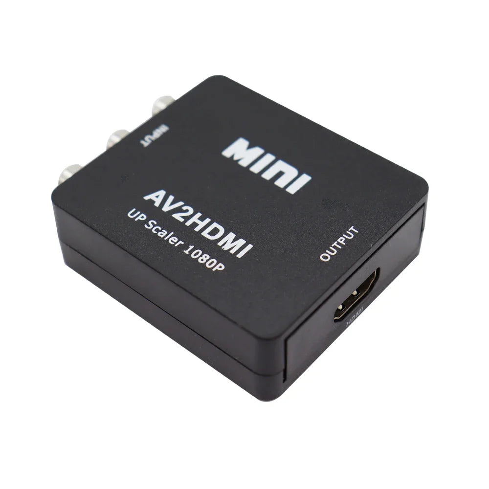 Black AV to HDMI mini converter showing HDMI output port