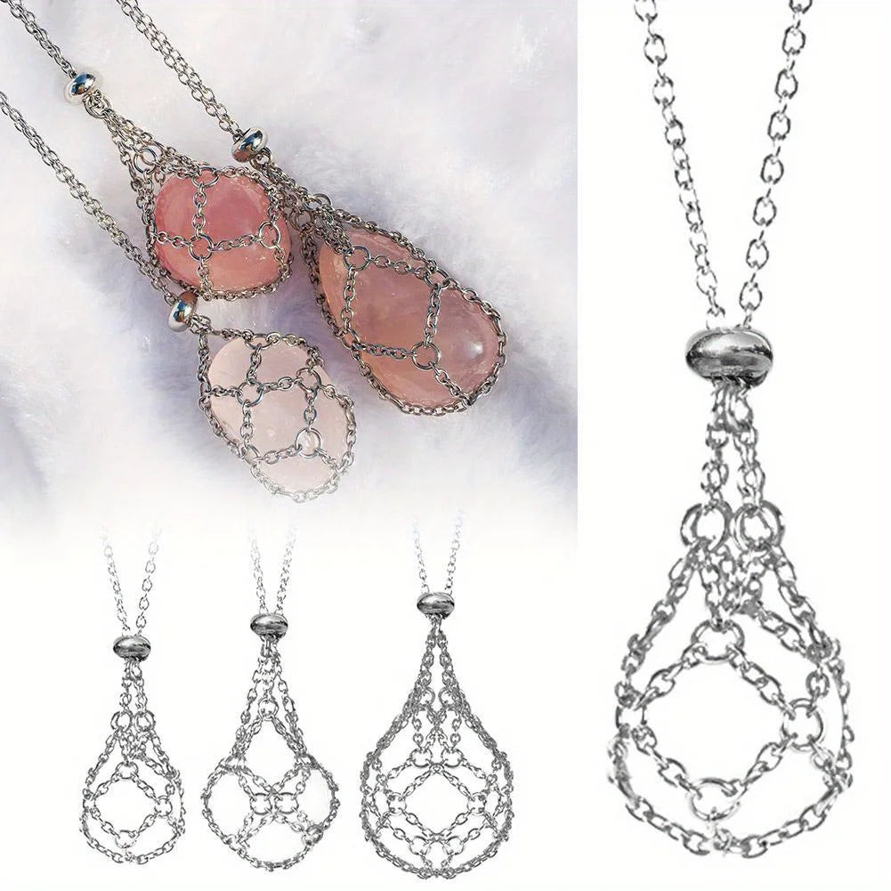 Stainless steel crystal cage necklace with stone