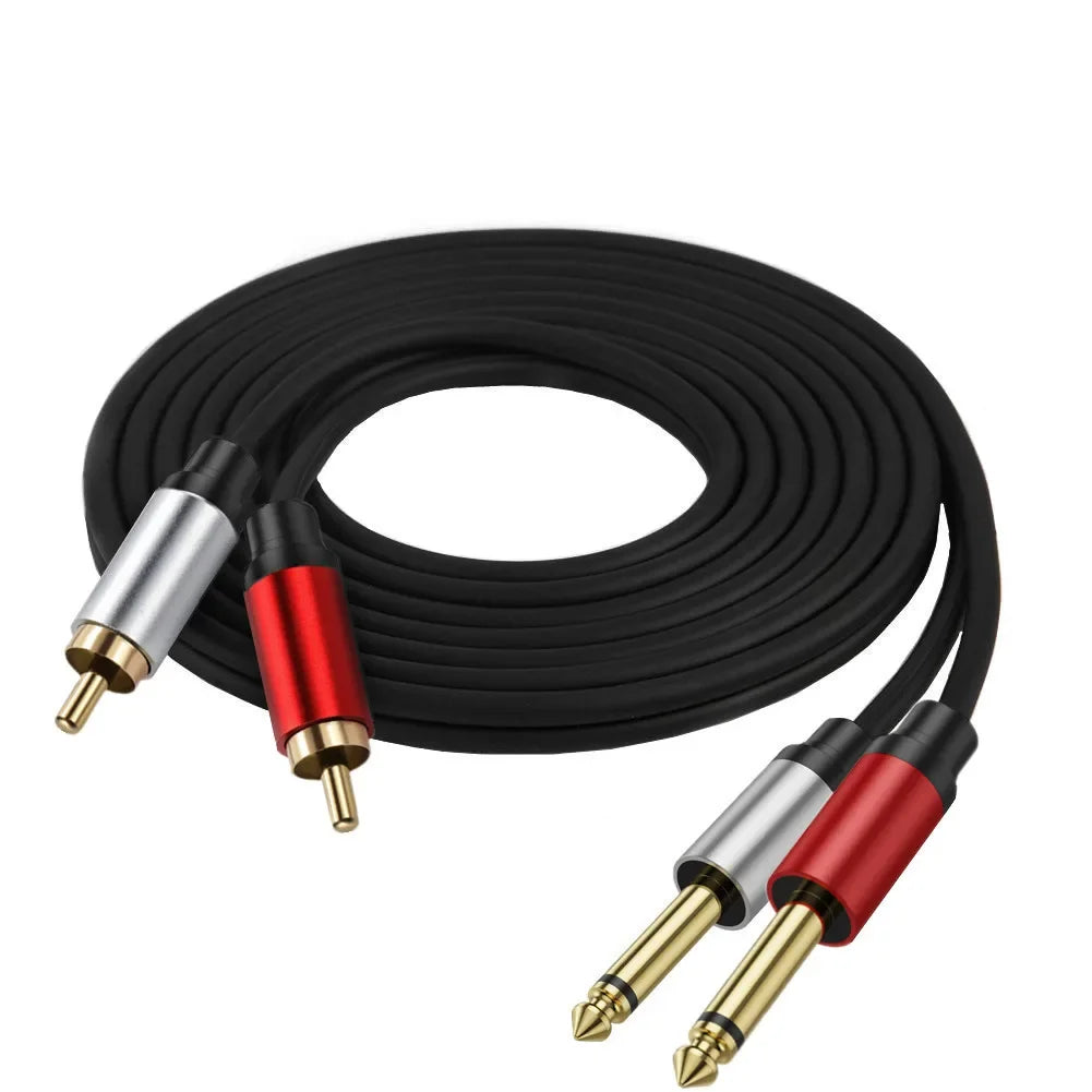 Black dual RCA to dual 6.35mm 1/4 inch TS jack cable, coiled