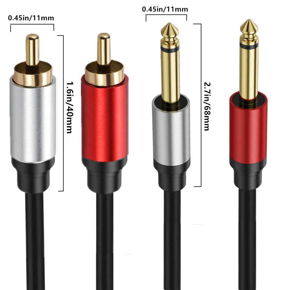 Gold-plated RCA and 6.35mm TS plugs with metal shells, dimensions