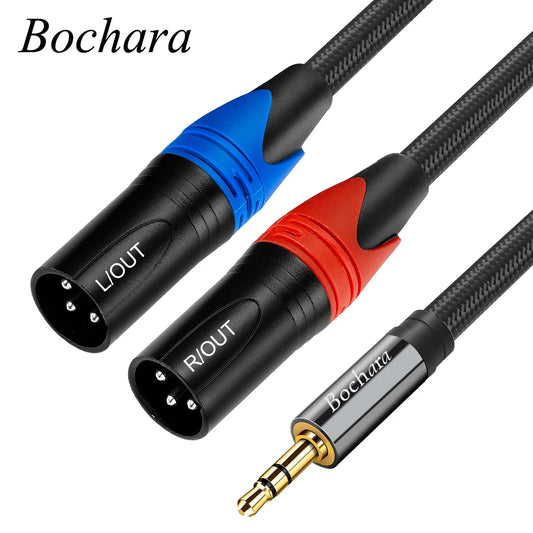 3.5mm to dual XLR male cable, black braided, phone or laptop to PA