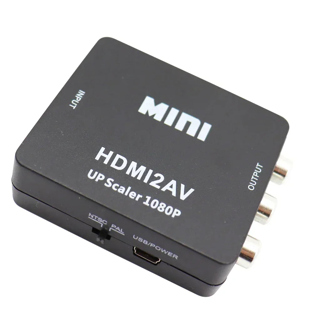 Black HDMI to AV mini converter showing RCA outputs