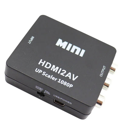 Black HDMI to AV mini converter showing RCA outputs