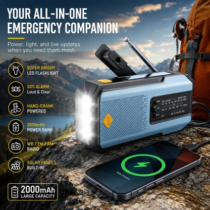Emergency weather radio with solar and hand crank