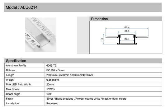 LED Aluminium Extrusion Profile for LED strip ALU-6214A