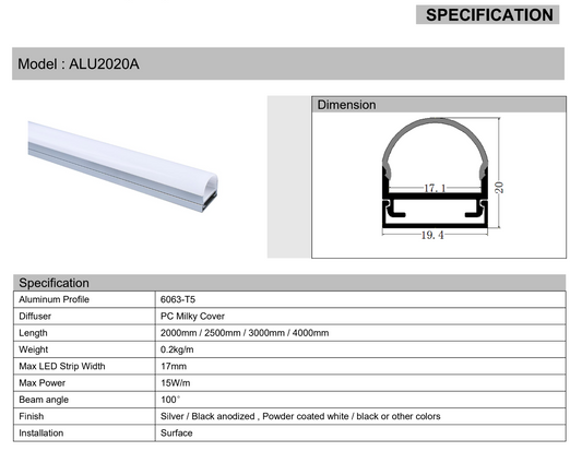 LED Aluminium Extrusion Profile for LED strip ALU-2020A