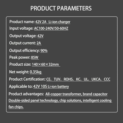 42V 2A charger specifications