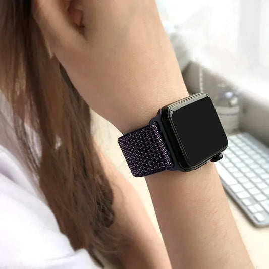 Black nylon sport loop band on Apple Watch