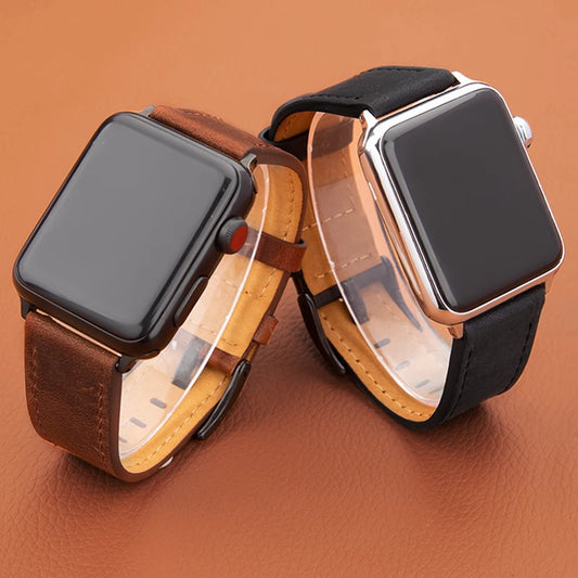 Black crazy-horse leather band on Apple Watch