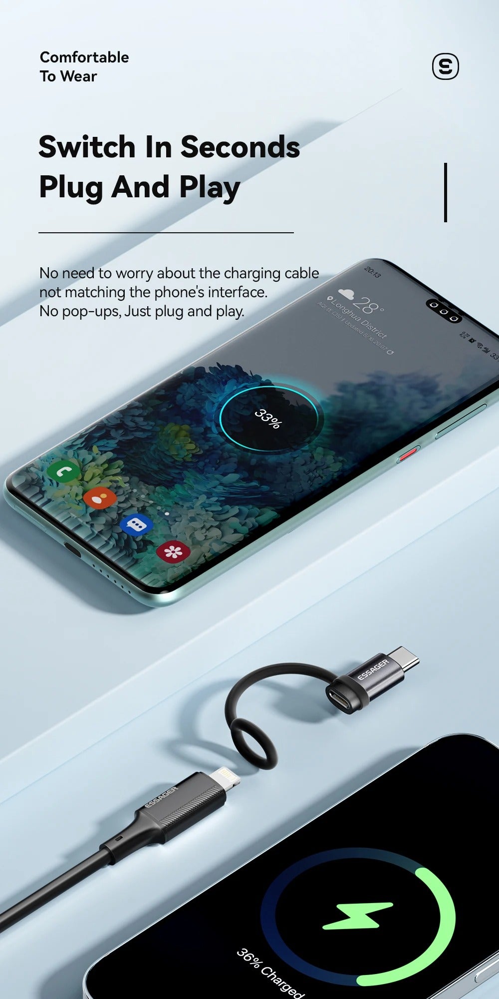 Smartphone with charging cable on a light gray background, emphasizing plug-and-play feature.