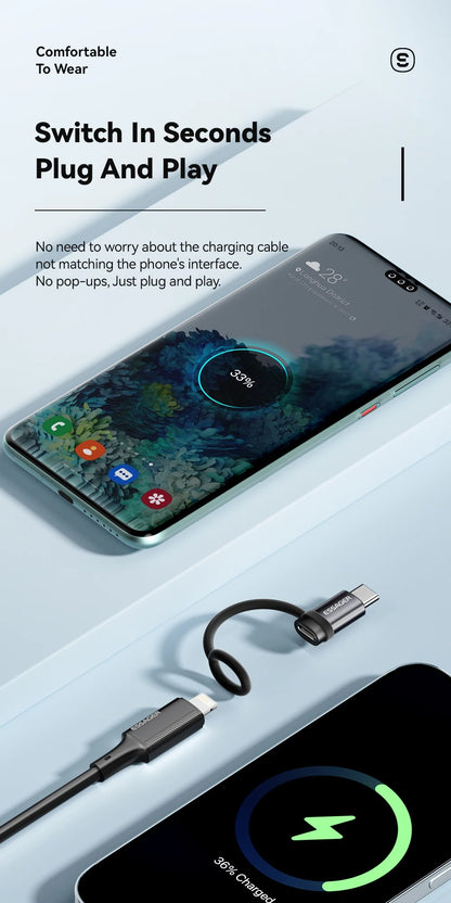 Smartphone with charging cable on a light gray background, emphasizing plug-and-play feature.