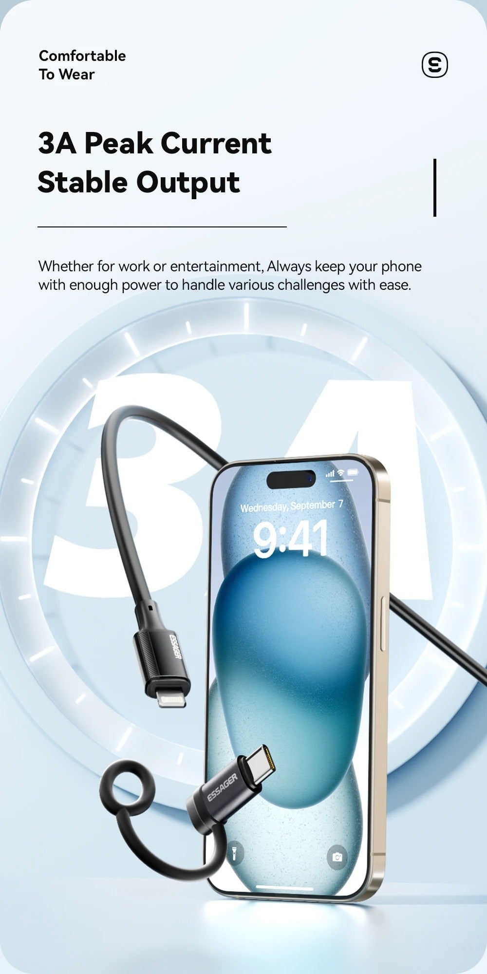 Smartphone with a protective case and charging cable on a light blue background