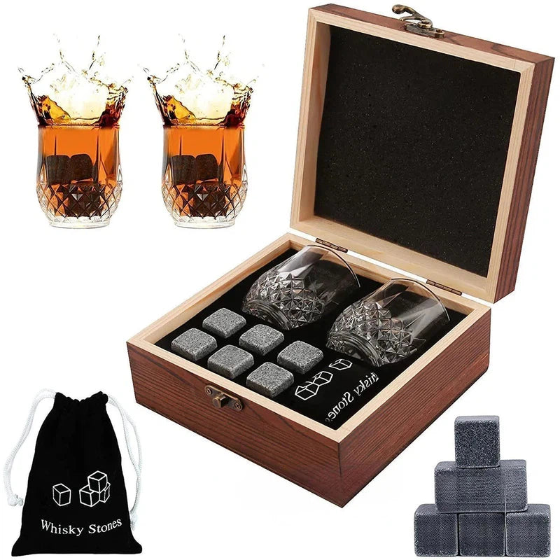 Whiskey Stones Glasses Set Granite Ice Cube For Whisky in Wooden Bottle Box