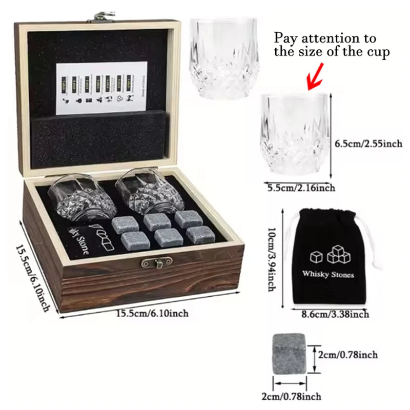 Whiskey Stones Glasses Set Granite Ice Cube For Whisky in Wooden Bottle Box