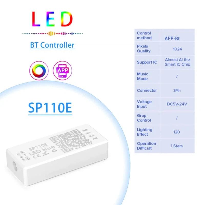 Controller, SP110E, RGB Bluetooth & Smart APP, 5-24V, 1024 Pixel for WS2811 WS2812B APA102 SK6812 SPI Addressable LED Strip Light