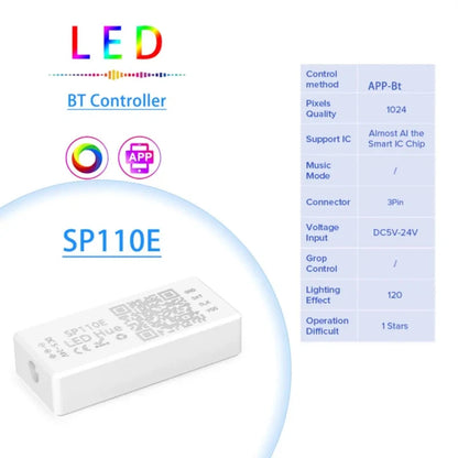 Controller, SP110E, RGB Bluetooth & Smart APP, 5-24V, 1024 Pixel for WS2811 WS2812B APA102 SK6812 SPI Addressable LED Strip Light