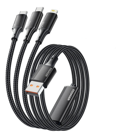 Multi-device charging cable with multiple connectors on a white background