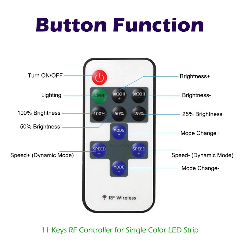 RF Wireless Remote Controller / LED Dimmer for LED Strip Light (11-key, Single Colour, Plug connection))